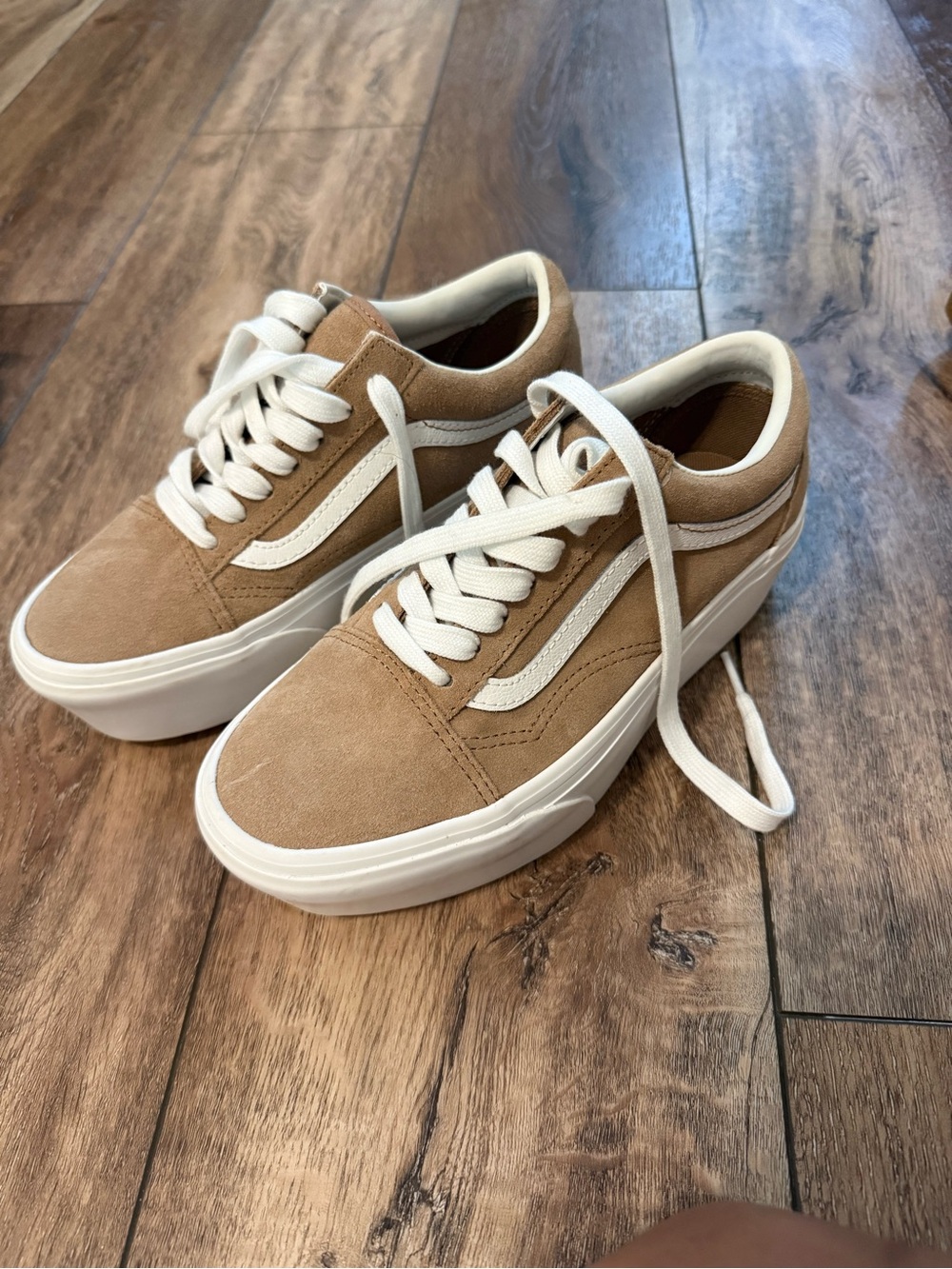 Vans Old Skool Platform Sneakers in Tan with White Stripe - Picture 1 of 4
